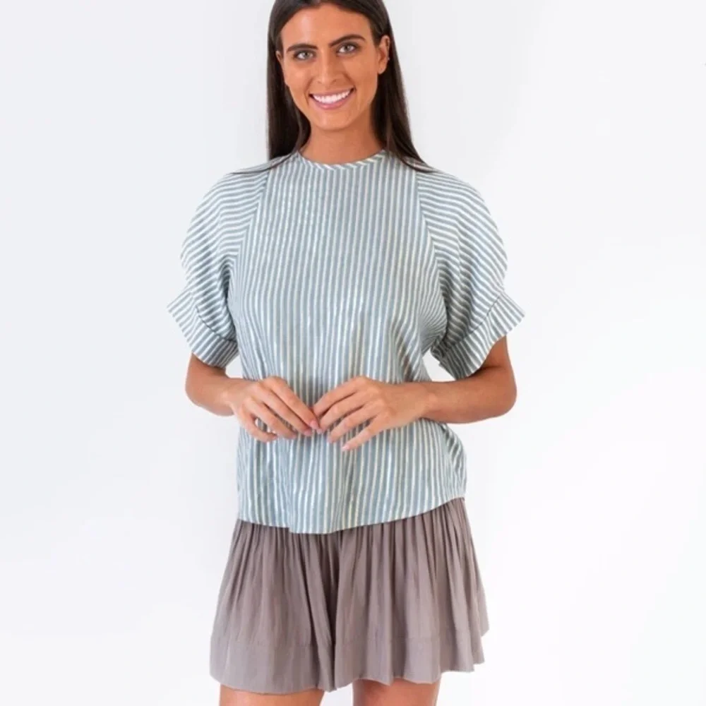 Zara Womens Sz Small Short Puff Sleeve Blouse Light Blue White Stripes Slit Back